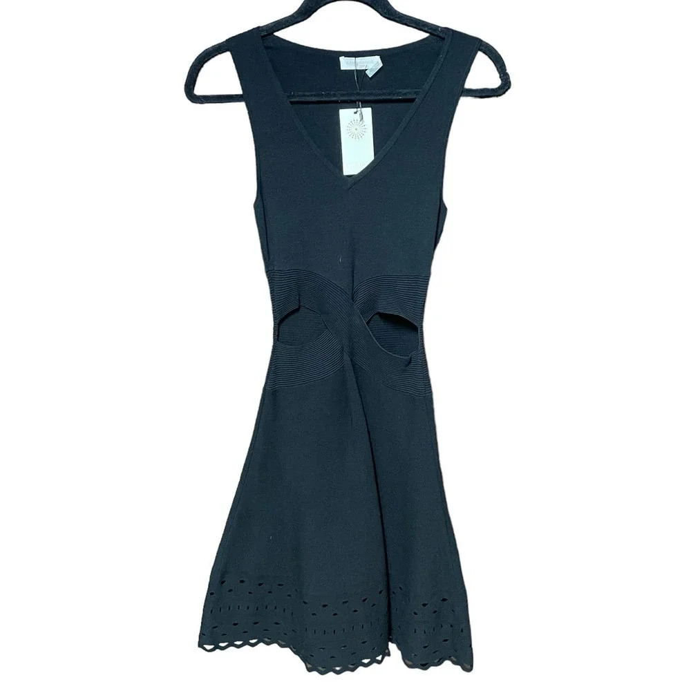 Ramy Brook Black Sleeveless Laser‎ Hem Cutout Waist Knit Dress Size XS